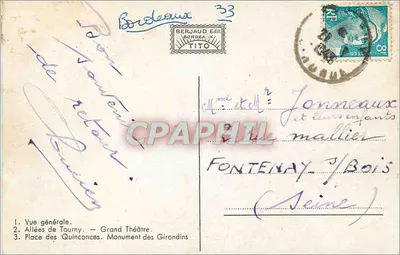 Ogólny widok Bordeaux — Aleje Tourny — Plac Quinconces — Pomnik Girondynów — Wydawca Berjaud — Rewers