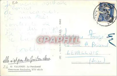 Valence - Le Pendentif — Monument pogrzebowy, XVI wiek — Stara pocztówka (seria 26) — Rewers
