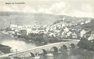 Bingen com a Ponte Drusus — vista panorâmica — Verlag Gebr. Münzner, Mainz