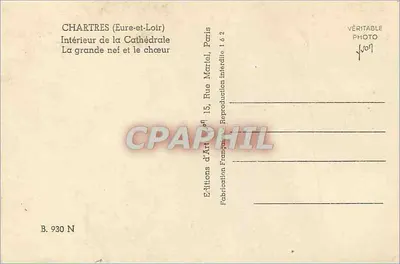 Chartres (Eure-et-Loir) — Wewnętrzna wersja katedry, Duża nawę i chórek — Éditions d'Art Français, Paryż — Rewers