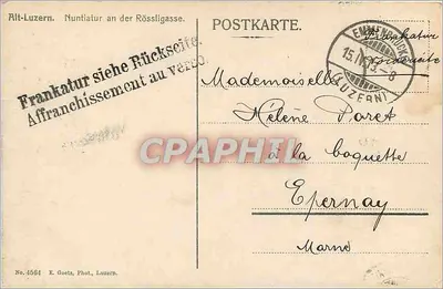 Alt-Luzern — Widok starych budynków z wieżą — E. Goetz, Fot., Luzern, nr 4564 — Rewers