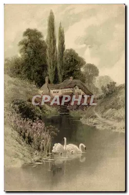 Cottage à beira de uma lagoa com ciprestes — editor Messerschmidt, série 1189