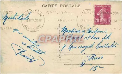 Monte Carlo — Vista entre os árvores — J. Gilletta, Nice, n°712 — Verso