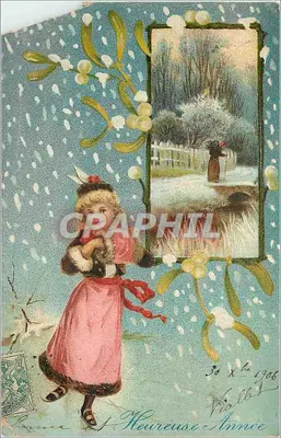 Menina em vestido rosa na neve — decoração de visco — editor anônimo, número de série não visível