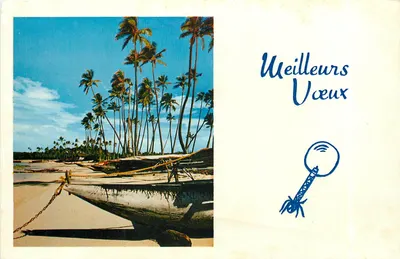 Praia de palmeiras e barco — vista de Bali — carta postal