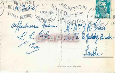 Menton — Vue Générale vers la Frontière — Ed. S.I.C.A., Menton — Verso