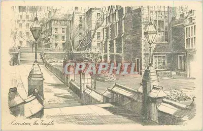 Londres, The Temple — vista de uma avenida cercada por lâmpadas e edifícios — editor não visível
