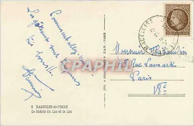 Bagnolles-de-l'Orne — Kasyno na jeziorze i jezioro — wydawca REAL-PHOTO & C.A.P. - PARIS — Rewers