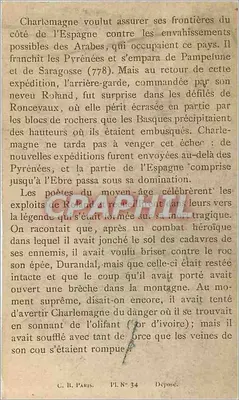 Roland surpreendido e derrotado em Roncevaux — Guerra da Espanha (778-812) — C.B. Paris, Pl. N° 34 — Verso