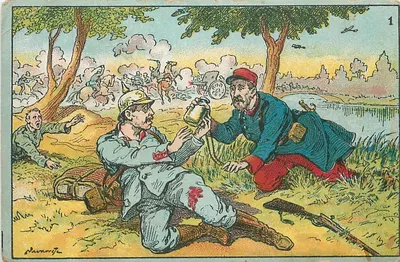 Soldados em guerra — cena de paz esperada — série N°1 da coleção 'Guerra Europeia: A Paz' por Joaquín Lloveras y Cª Sen C.