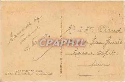 Kasyno Miejskie i Ogrody Albert w Nice — wydawca L. Gilletta i Cie, nr 1er — Rewers