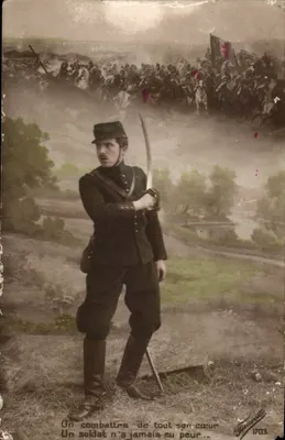 Soldado em uniforme — cena de batalha em segundo plano — editor Fauvetté, n° 1703