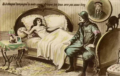 Soldado e mulher na cama — caricatura militar — E.M. 201
