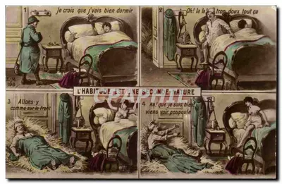 Série de 4 vignettes humorísticas — L'HABITUDE EST UNE SECONDE NATURE — E.M. 1908
