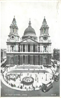 Catedral de St. Paul, Londres — vista da praça com fonte e ônibus — Bilhete postal antigo 'Silveresque' n°85595