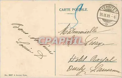 Territet-Montreux — widok z lotu nad jeziorem i górami — E. Rossier, Nyon, nr 8037 — Rewers