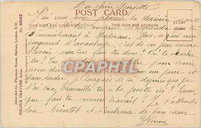 Cena fluvial — barco em rio cercado por floresta — Inter-Art Co., Florence House, Barnes, S.W. — Série COLOUR GRAVURE, n° 5042 — Verso