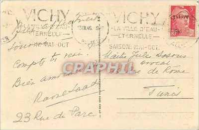 Vichy — Parque e Pavilhão dos Célestins — Editor: Clichés des Arts Photomécanique — Verso