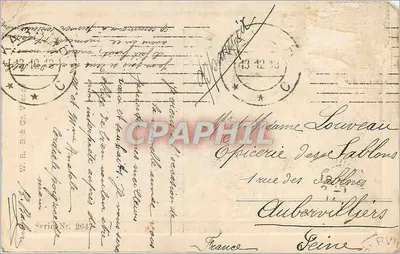 Jazda na nartach w górach — kartka z wizytówką Bożego Narodzenia — C. Laren, seria 2641 — Rewers