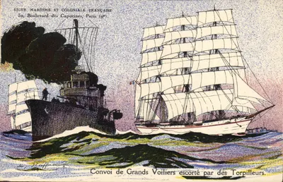 Convoi de grandes embarcações de vela acompanhado por torpedeiros — Ligue Maritime et Coloniale Française, 39, Boulevard des Capucines, Paris (9e)