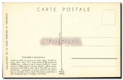 Cruzador « Lorraine » — Coleção da Liga Marítima e Colonial — Editor AEC Paris — Verso