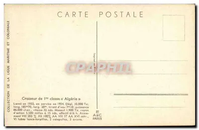 Croiseur de 1ère classe « Algérie » — Collection de la Ligue Maritime et Coloniale — Imprimé en France — Verso