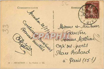 Arcachon — O Casino — editor Lévy & Neurdein, Paris, n°8 — Verso