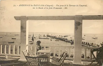 ANDERNOS-les-BAINS (Côte d'Argent) — Vista tirada da Terrasse do Imperial, sobre o Bassin e a Jetée-Promenade — BR. — N° 75