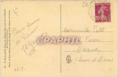 Estátua de Santa Tereza da Criança Jesus — perto da capela do Carmelo de Lisieux — editor desconhecido, n° 38 — Verso