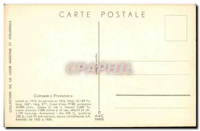 Cruzador « Provence » — Coleção da Liga Marítima e Colonial — Editor A&E C Paris — Verso