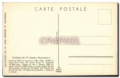 Kruiser van de eerste klasse «Duquesne» — Collectie van de Zeevereniging en Koloniale Bond — Gedrukt in Frankrijk — Achterkant