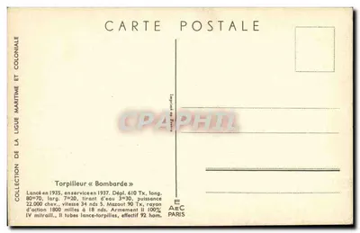 Torpilleiro « Bombarde » — Ligue Maritime et Coloniale — Editor AEC Paris — Verso