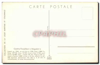 Contratorpedeiro « Mogador » — Coleção da Liga Marítima e Colonial — Editor AEC Paris — Verso