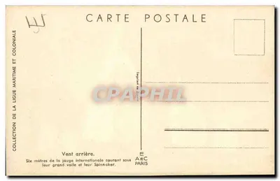 Seis mastros da jauge internacional correndo sob seus grandes velames e Spinnaker — Coleção da Liga Marítima e Colonial, Impressora AEC Paris — Verso