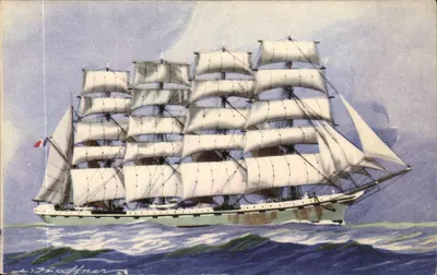 Embarcação com Cinco Mastes «La France» — Coleção da Liga Marítima e Colonial — Impresso na França