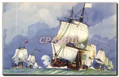 Navios em formação de combate, a linha inglesa "ao vento" e a linha francesa "a sotavento" (navios do século XVIII) — Coleção da Liga Marítima e Colonial, Ed. AEC Paris