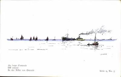 À distância de Ostende — vista marítima com barcos a vela e vapor — Jean Marion, Série 2, No. 5