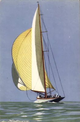Yacht de grande classe navegando com vento de ré com seu spinnaker — Coleção da Liga Marítima e Colonial, editada por A&EC, Paris