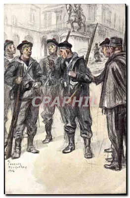 Soldados franceses em discussão — desenho de Charles Foujouray — 1914