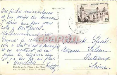 Couzseulle-sur-Mer — widok plaży, zamek i kobieta w bikini — REAL-PHOTO, Paris — Rewers