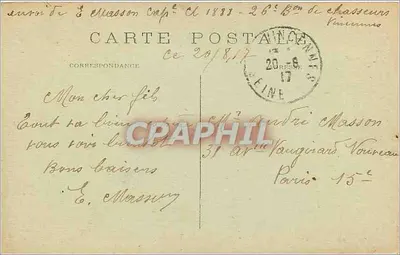 Dirigível evoluindo acima do Donjon de Vincennes — Bilhete postal antigo/Bilhete postal moderno — Verso