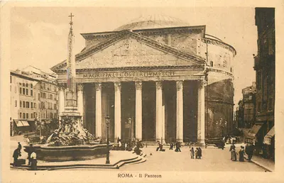Rzym — Pantheon — widok na świątynię z fontanną i obeliskiem — wydawnictwo