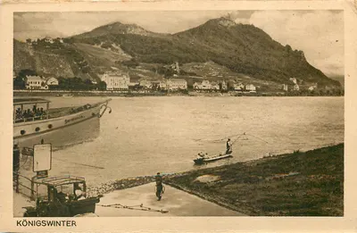 Königswinter — vista do rio Reno com barco 'Germánia' e montanha no fundo — editor não identificado
