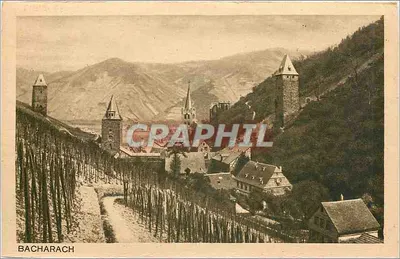 Bacharach — vista panorâmica com castelo e vinhedos — editor não identificado