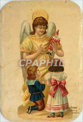 Angélus oferecendo um brinquedo a dois crianças — Chocolat Poulain, n° 123