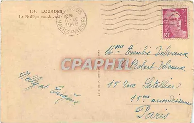 Lourdes — Bazylika widziana z boku — Wydawnictwo P. Doujardie, nr 104 — Rewers