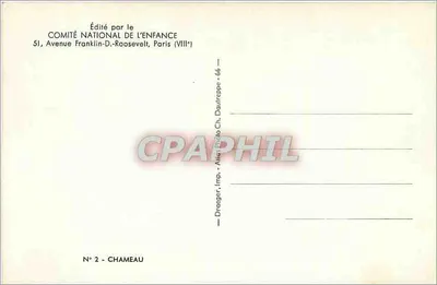 Camel — em um parque verdejante — Editado pelo COMITÉ NATIONAL DE L'ENFANCE, N° 2 - CHAMEAU — Verso