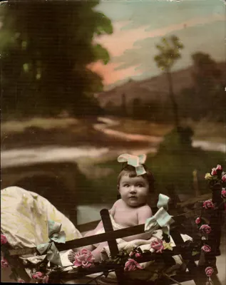 Bebê em um carrinho de bebê decorado — paisagem de montanha — carta postal datada 1923
