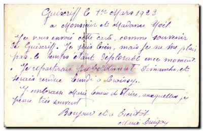 Bebê em um carrinho de bebê decorado — paisagem de montanha — carta postal datada 1923 — Verso
