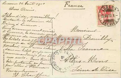 Vitznau z Rigibahn — widok na jezioro z kościołem i liniami kolejowymi — wydawnictwo Photolob, nr 6254 — Rewers